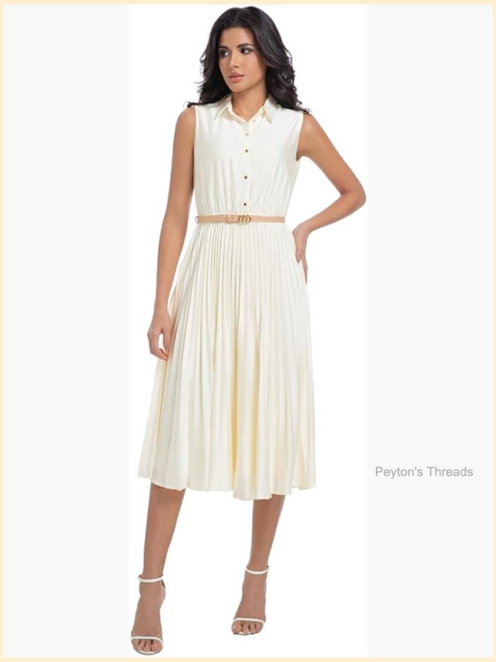 Satin Midi Dress with Belt Sleeveless Pleated Fit & Flare Formal Work Dress